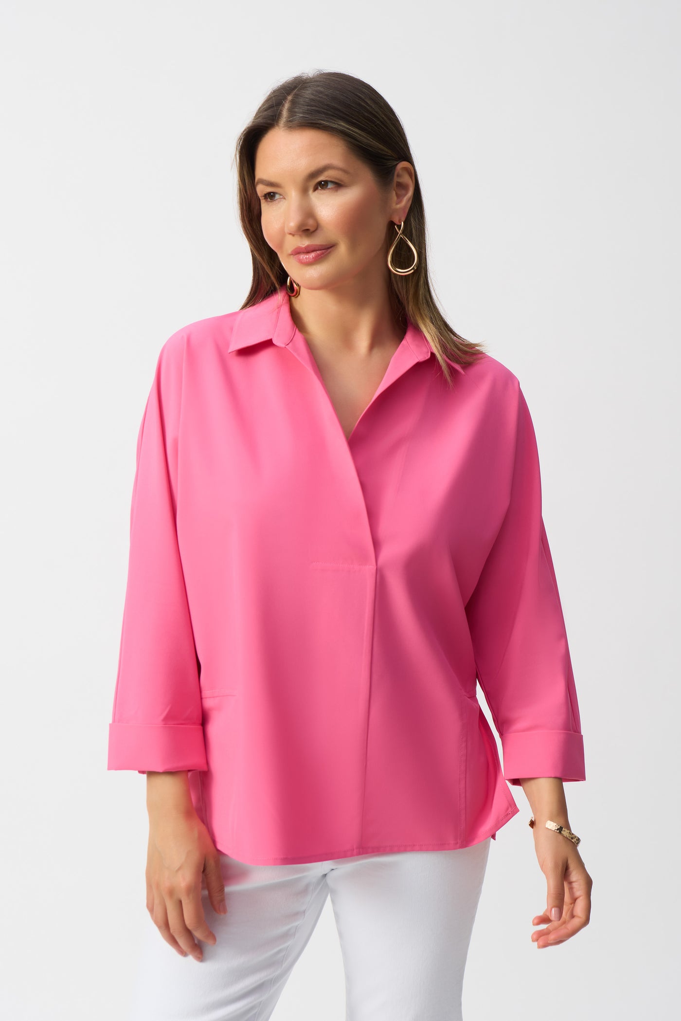 Joseph Ribkoff Bubble Gum Boxy Shirt Top With Overlapping V-Neck