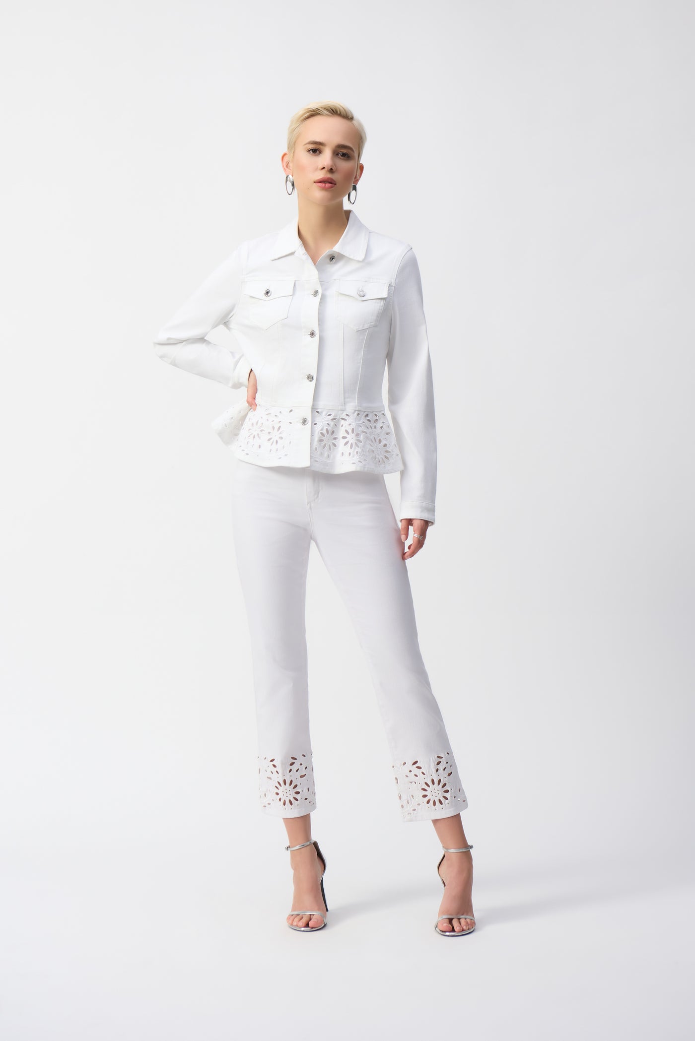 Joseph Ribkoff White Denim Peplum Jacket with Embroidery