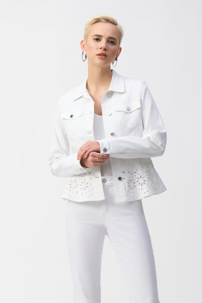 Joseph Ribkoff White Denim Peplum Jacket with Embroidery