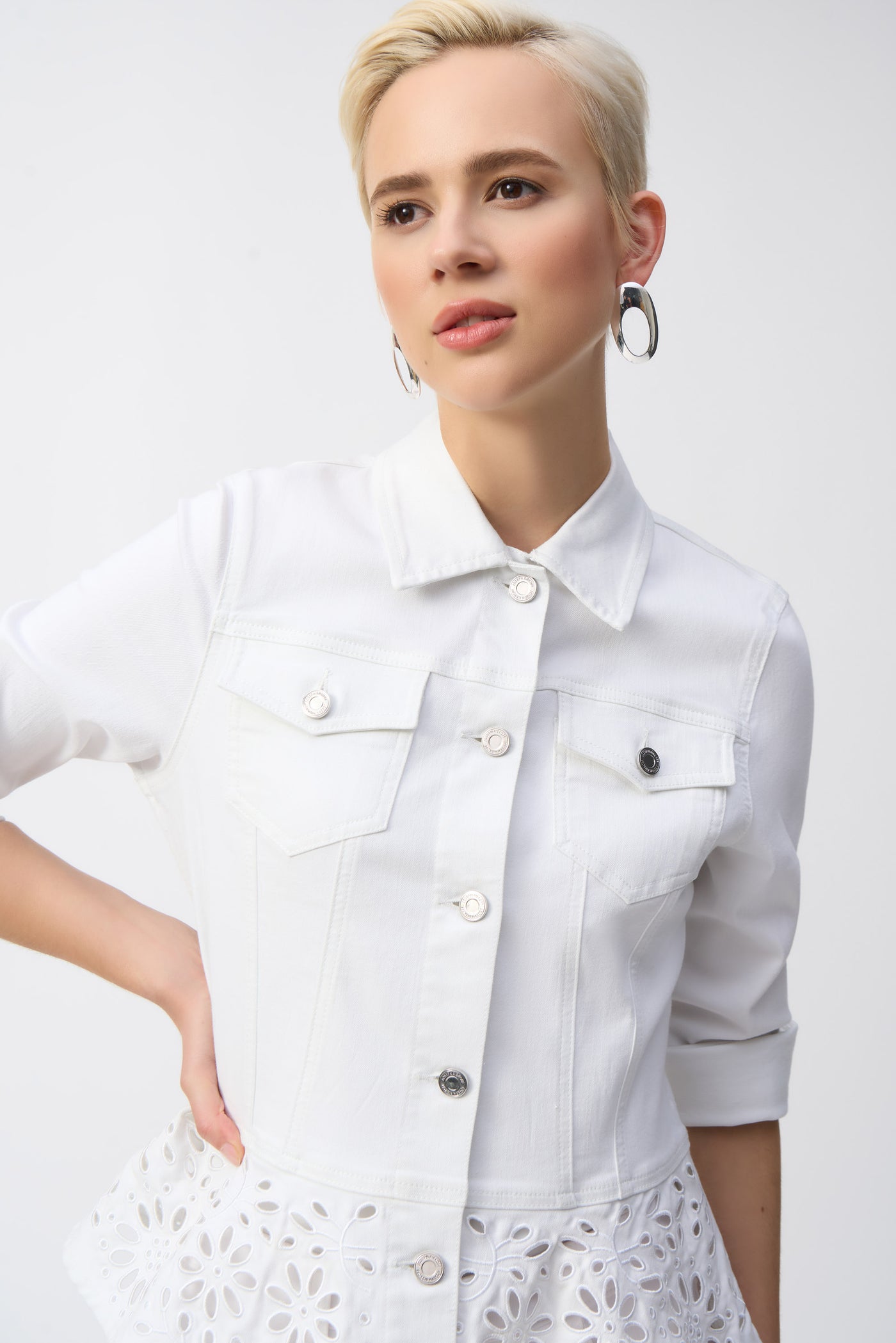 Joseph Ribkoff White Denim Peplum Jacket with Embroidery