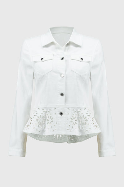 Joseph Ribkoff White Denim Peplum Jacket with Embroidery