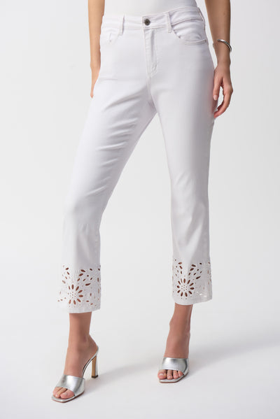 Joseph Ribkoff White Straight Fit Cropped Jeans with Embroidered Hem