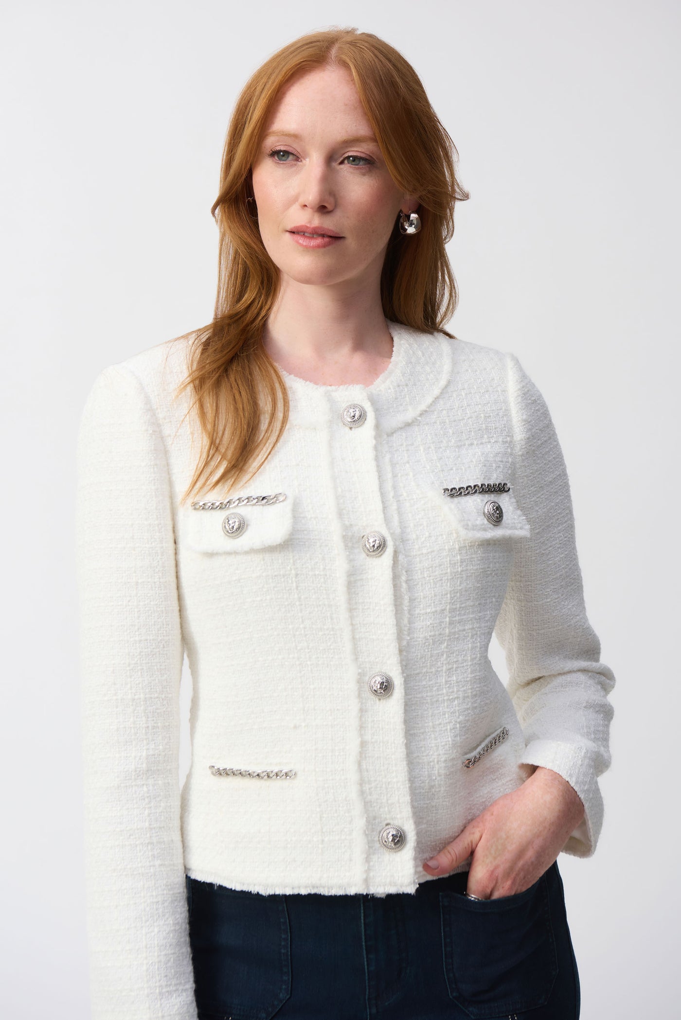 Joseph Ribkoff Winter White Bouclé Jacket with Chain Detail