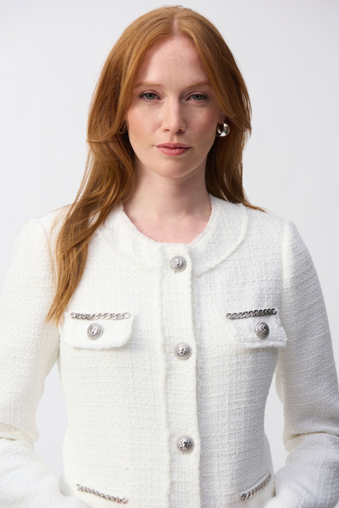 Joseph Ribkoff Winter White Bouclé Jacket with Chain Detail