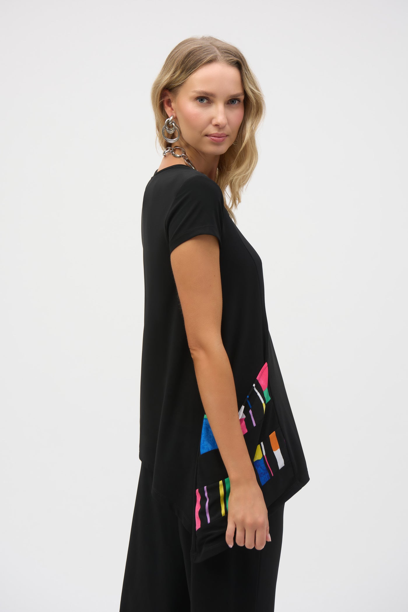 Joseph Ribkoff Black/Multi Silky Stripe Print Handkerchief Top