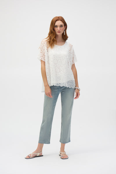 Joseph Ribkoff Off-White Embroidered Georgette Boxy Top