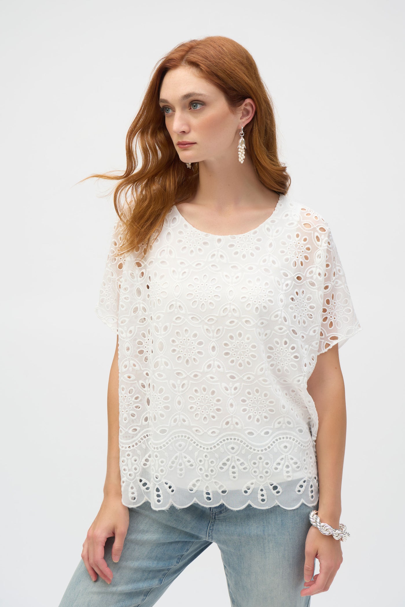 Joseph Ribkoff Off-White Embroidered Georgette Boxy Top