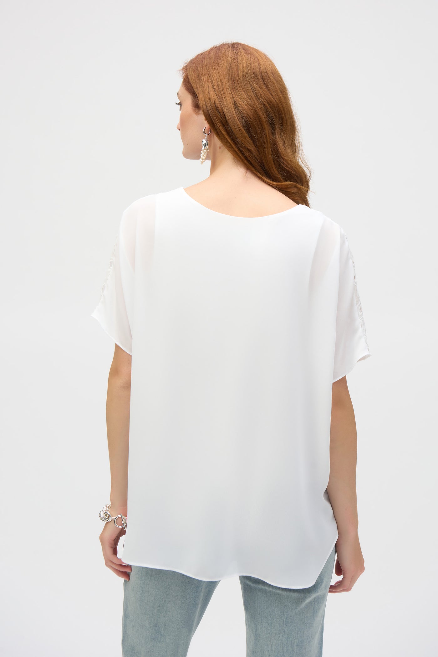 Joseph Ribkoff Off-White Embroidered Georgette Boxy Top