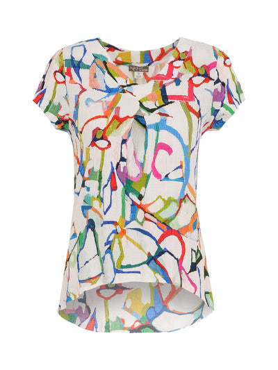 Abstract Print V-Neck T-Shirt with High-Low Hem Effect