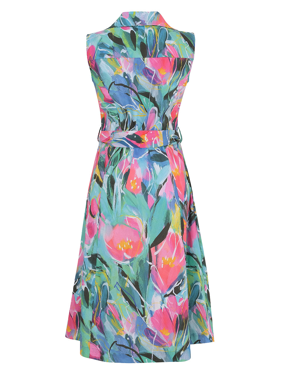 Abstract Print Button Up Sleeveless Dress With Tie