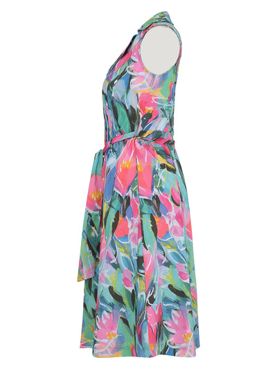 Abstract Print Button Up Sleeveless Dress With Tie