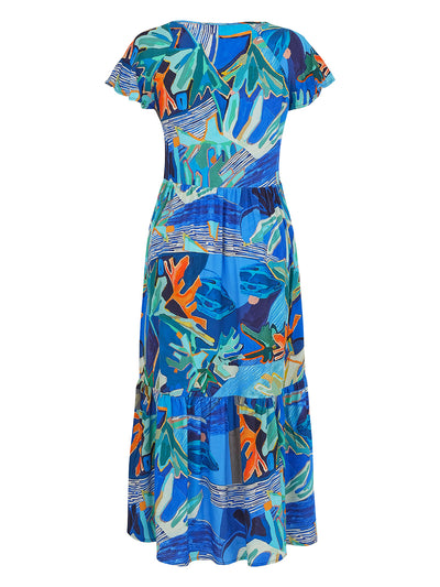 Multicoloured Short Sleeve Dress With Tie Neck