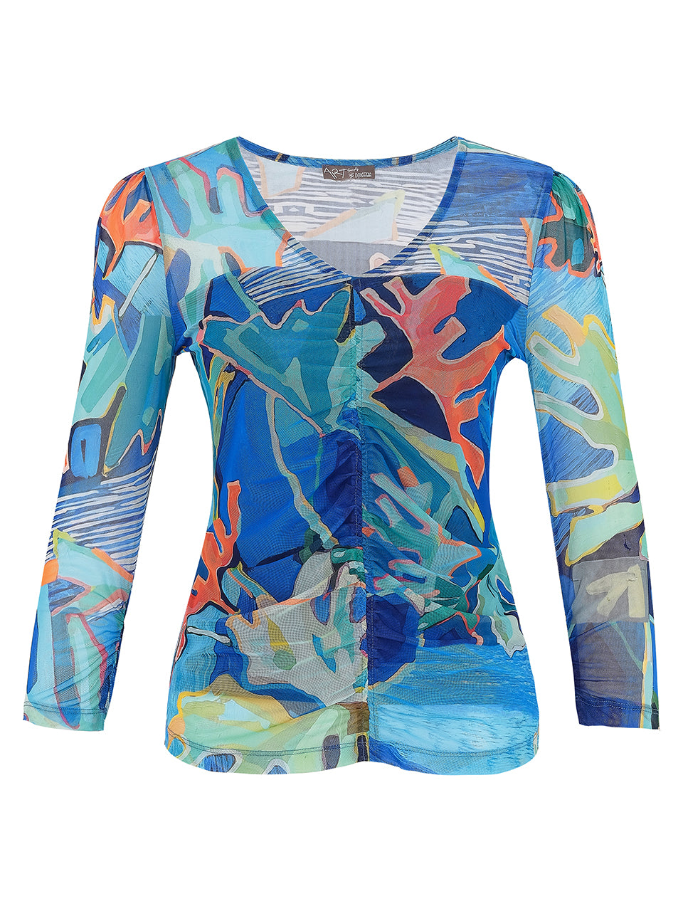 Multi Print Sheer Top With Ruched Detail