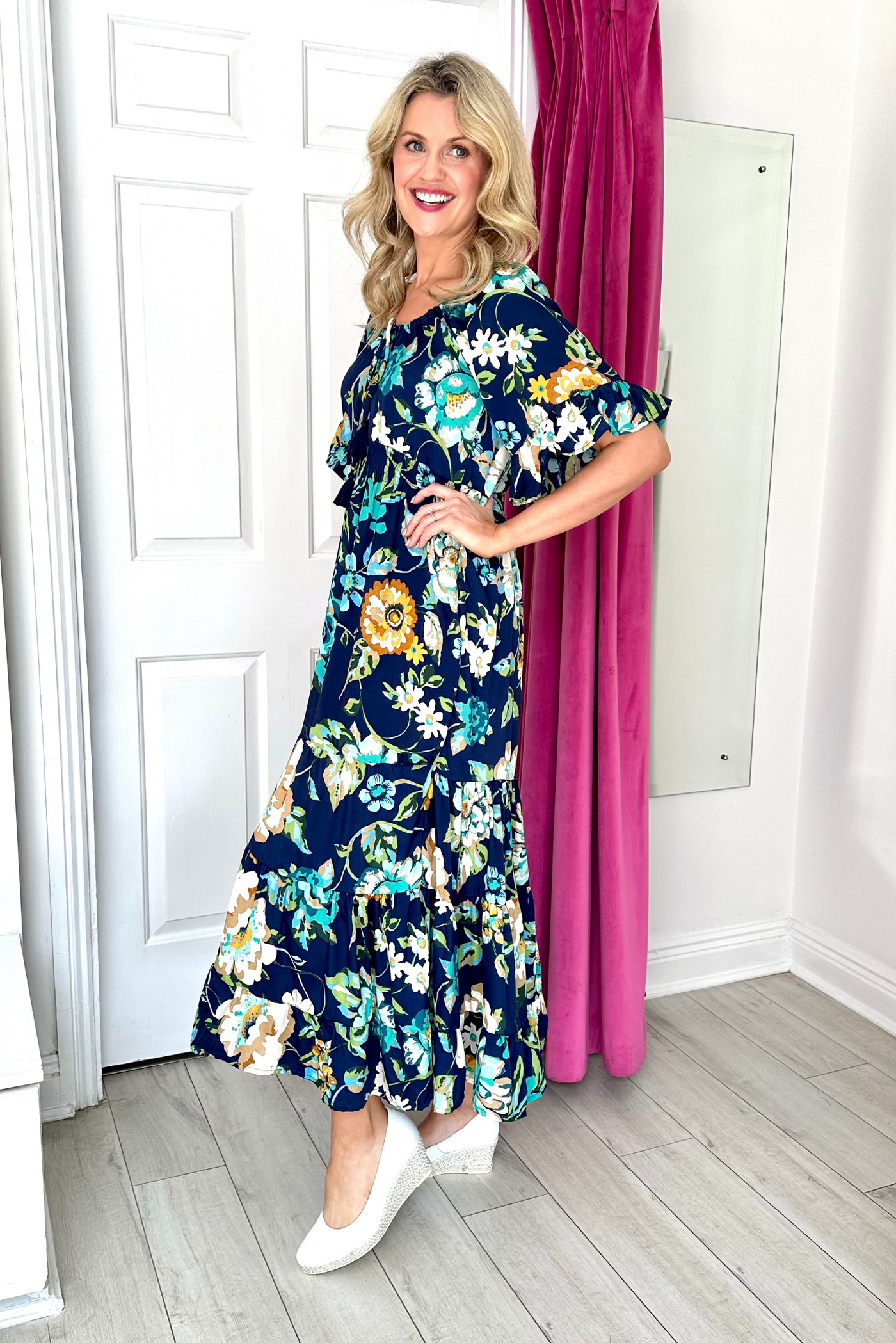 Navy Floral Print Maxi Dress with Tied V Neck and 3/4 Sleeves