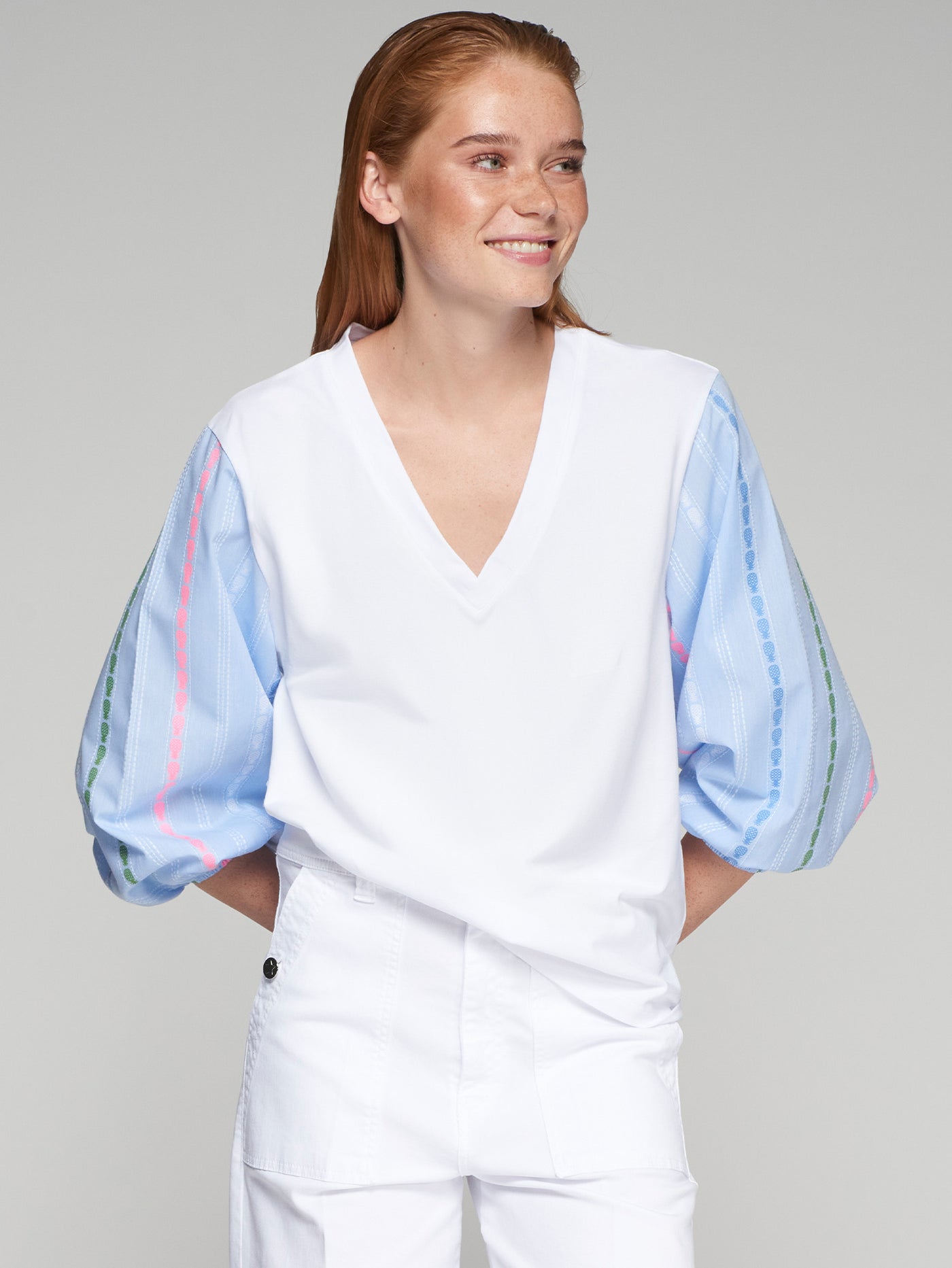 V-Neck Top with Balloon Sleeves & Pineapple Detail