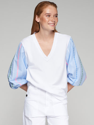 V-Neck Top with Balloon Sleeves & Pineapple Detail