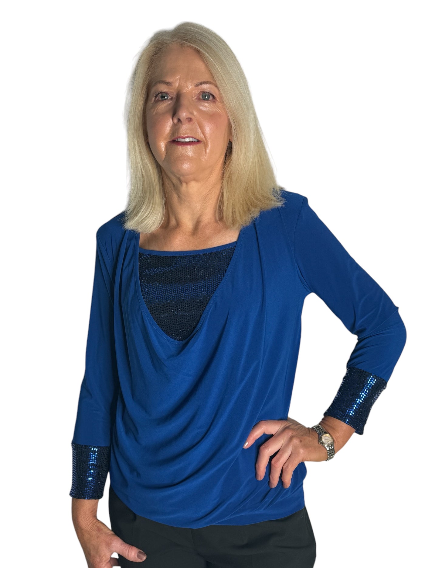 Royal Blue Top With Sequinned Detailing &  Draped Front