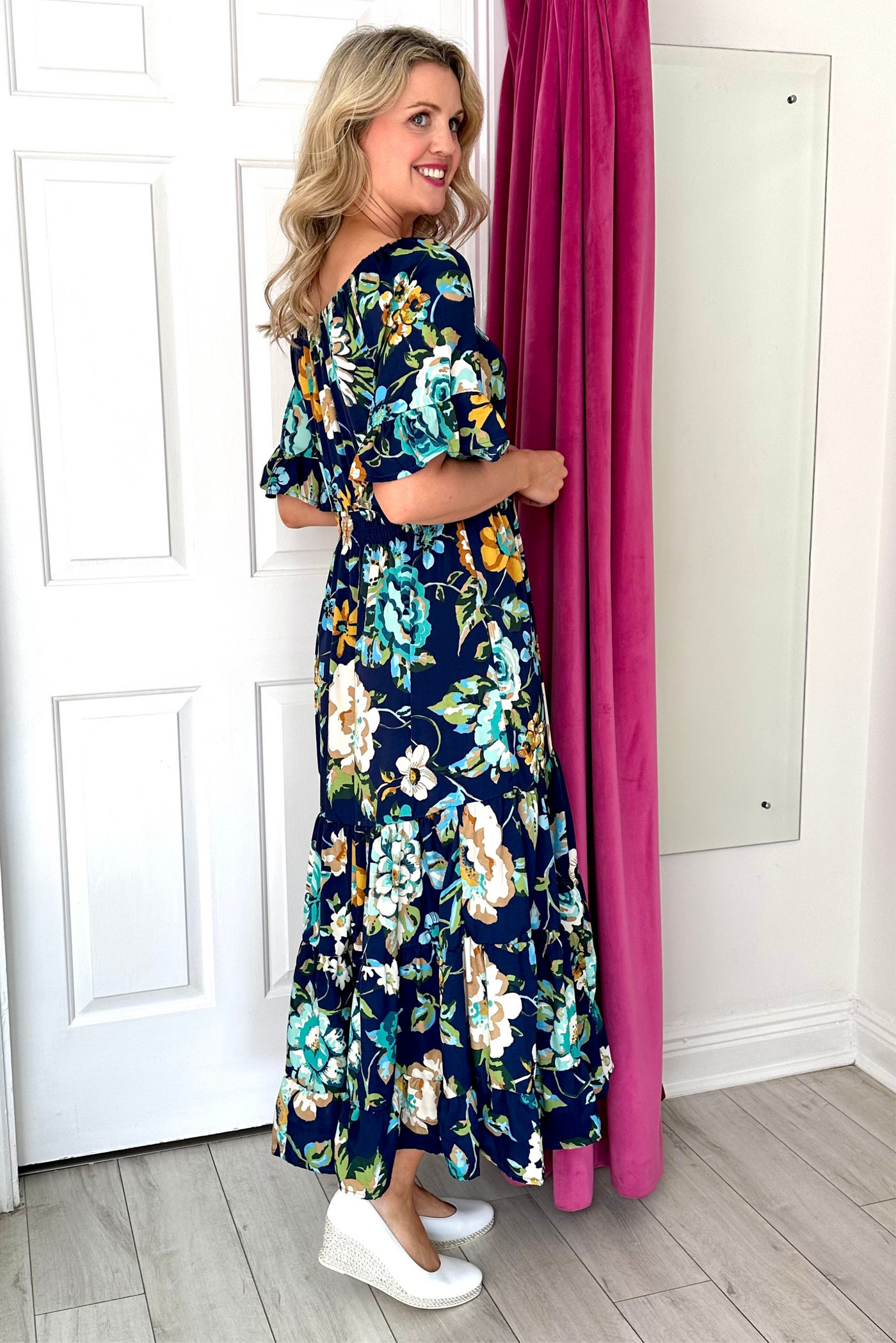 Navy Floral Print Maxi Dress with Tied V Neck and 3/4 Sleeves