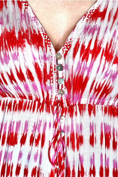 Red & Pink Tie Dye Print Dress with Drawstring and Button Detailing