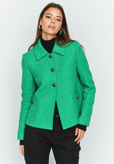 Green Boucle Jacket with Front Pockets & Brass Button Detail