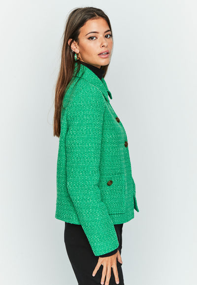 Green Boucle Jacket with Front Pockets & Brass Button Detail