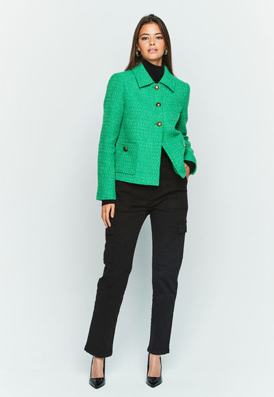 Green Boucle Jacket with Front Pockets & Brass Button Detail