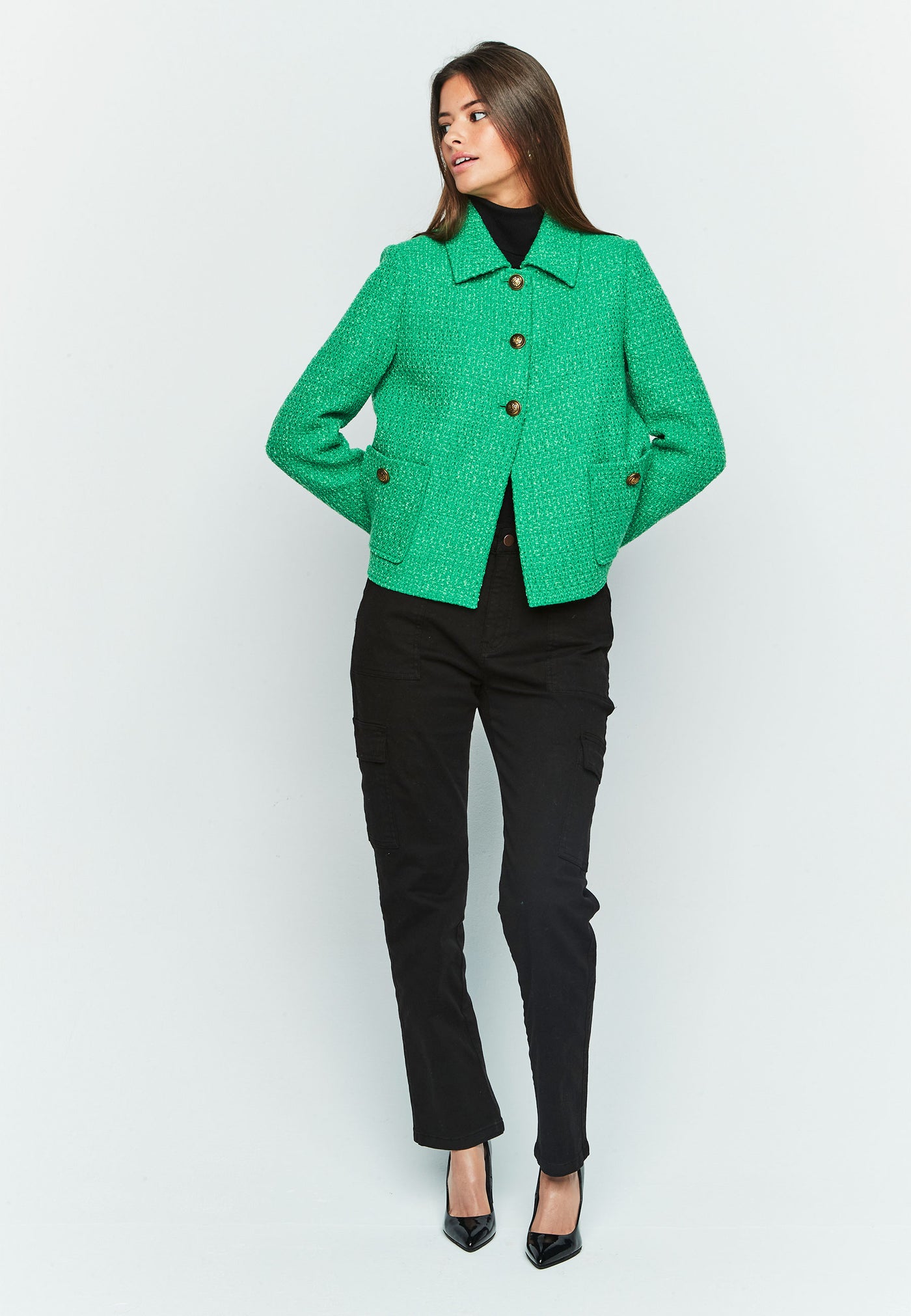 Green Boucle Jacket with Front Pockets & Brass Button Detail