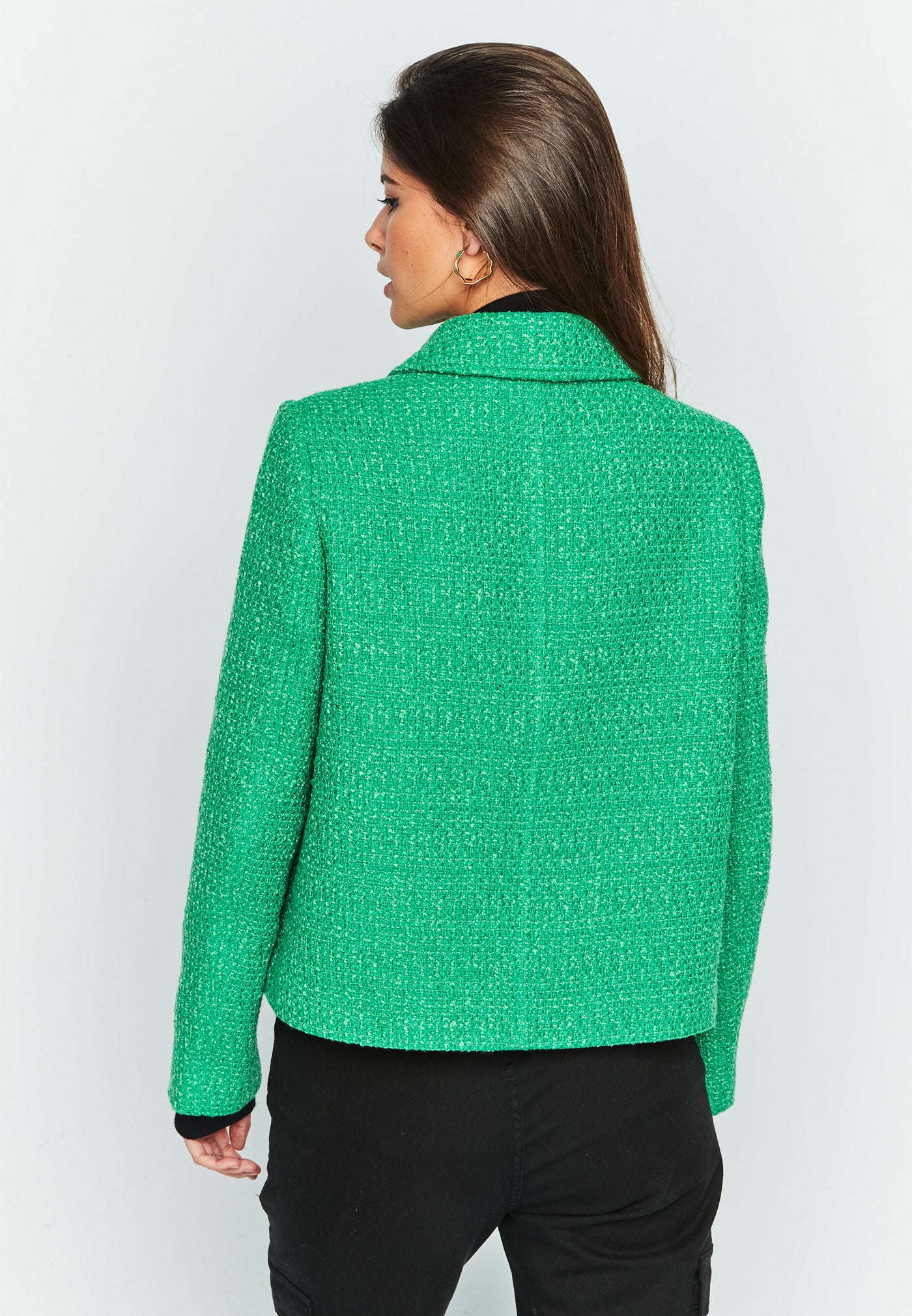 Green Boucle Jacket with Front Pockets & Brass Button Detail