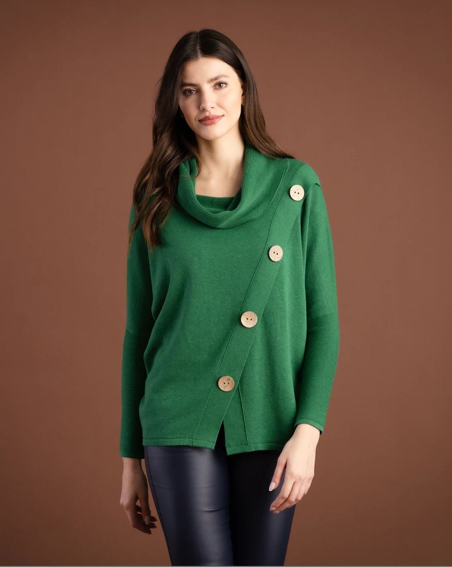 Forest Green Cowl Neck Sweater With Button Detail