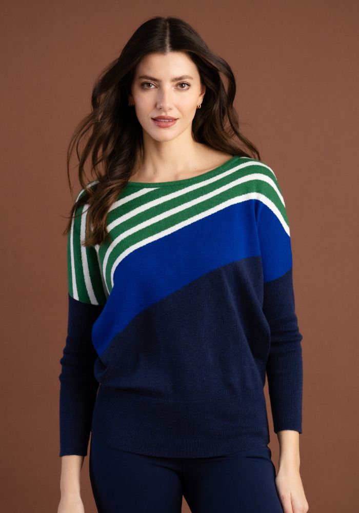 Navy Blue & Green Sweater With Stripes