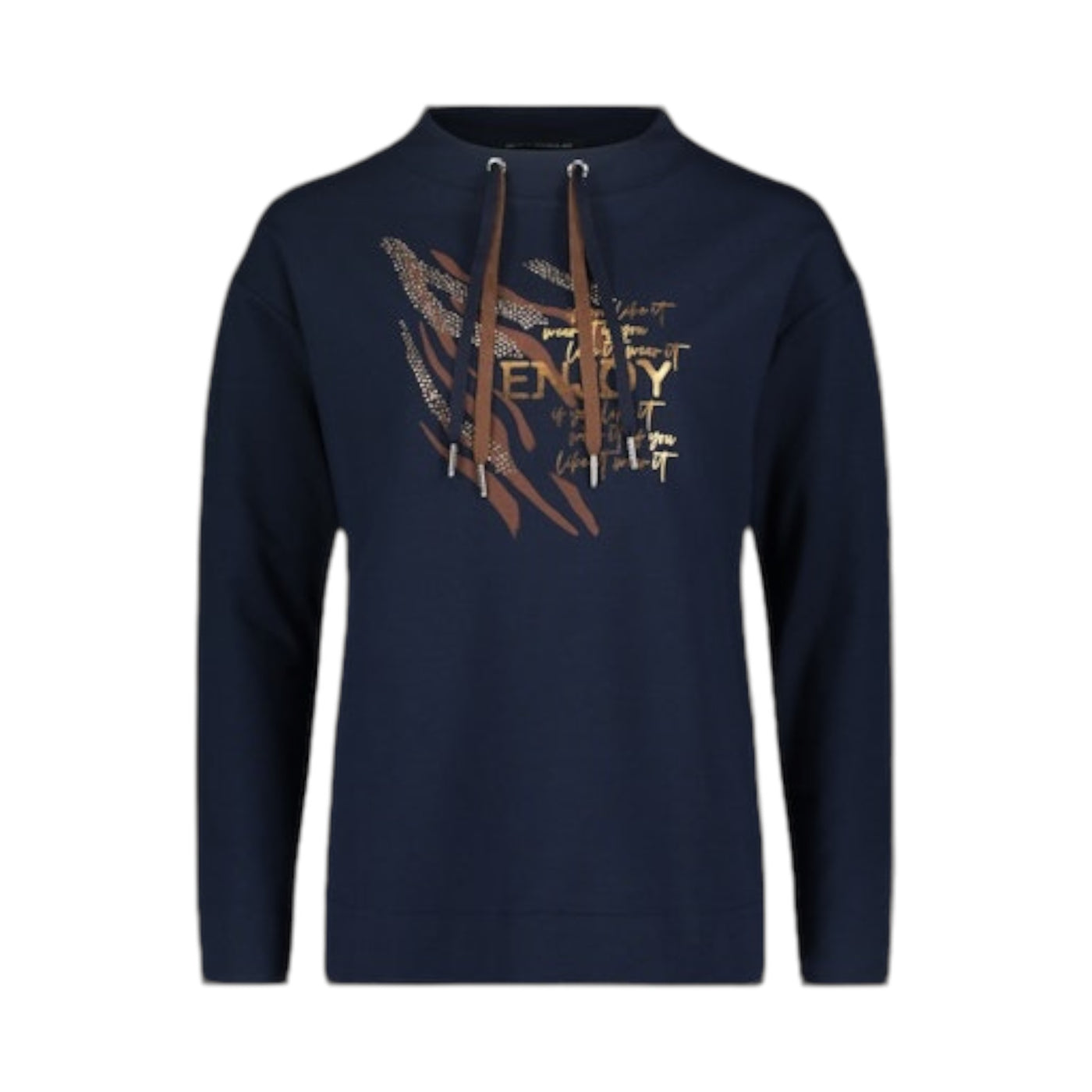 Navy Jumper with Brown Metallic Graphic and Drawstrings