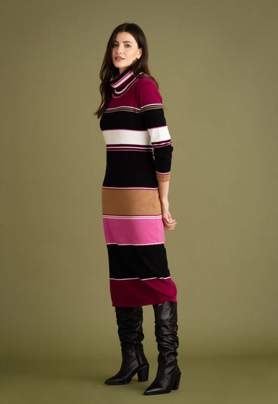 Pink, Black and Brown Striped Knit Dress with Detachable Neck Warmer