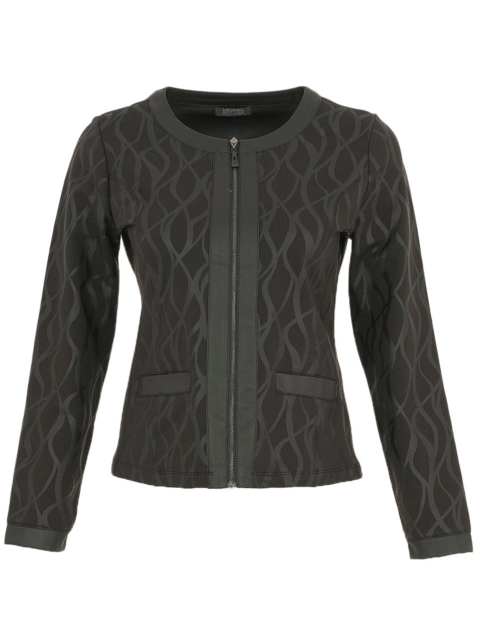 Black Swirl Print Zip-Up Jacket With Round Neck