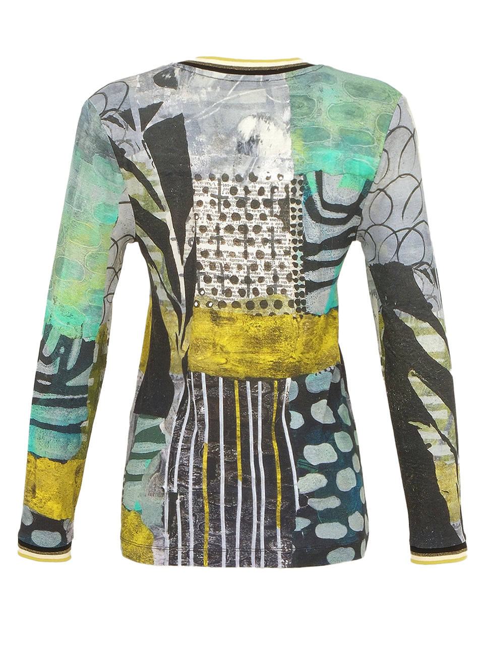 Mono Leaf Print V-Neck Long Sleeve Top With Elastic Detail