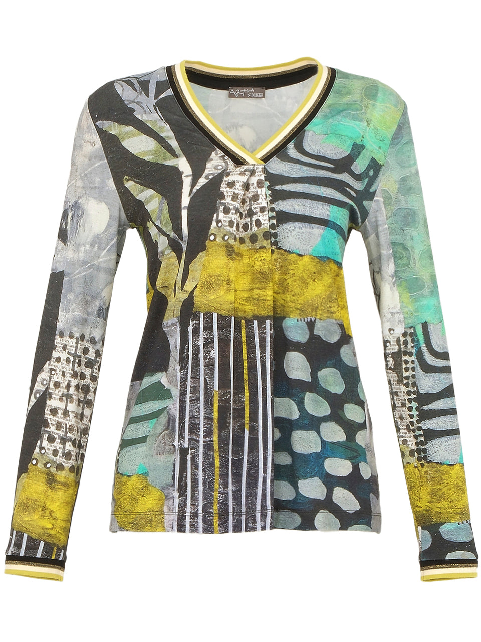 Mono Leaf Print V-Neck Long Sleeve Top With Elastic Detail