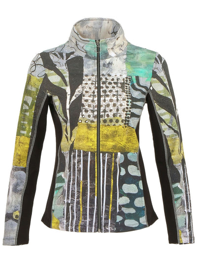 Mono Leaf Print Zip-Up Jacket with Contrast Side Panels