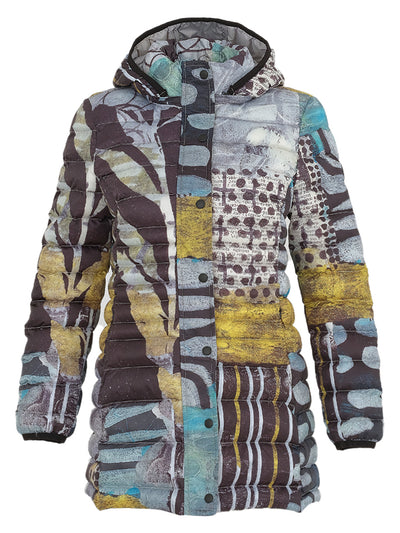 Mono Leaf Print Quilted Puffer Coat