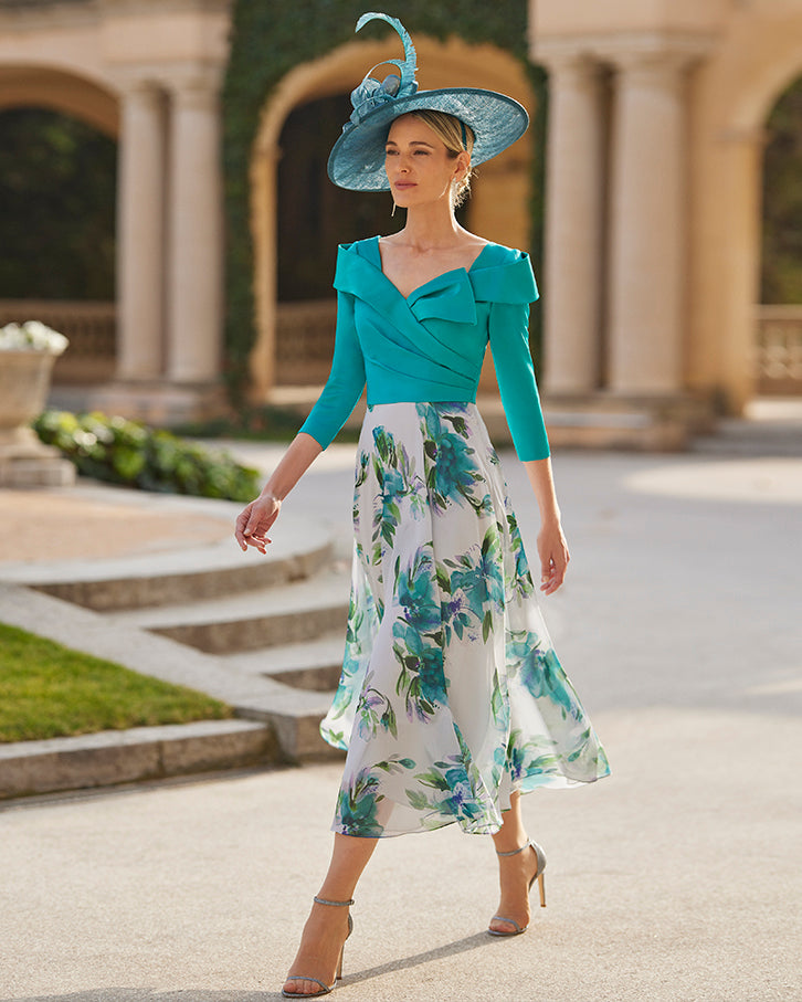 Turquoise Floral Dress With 3/4 Sleeves