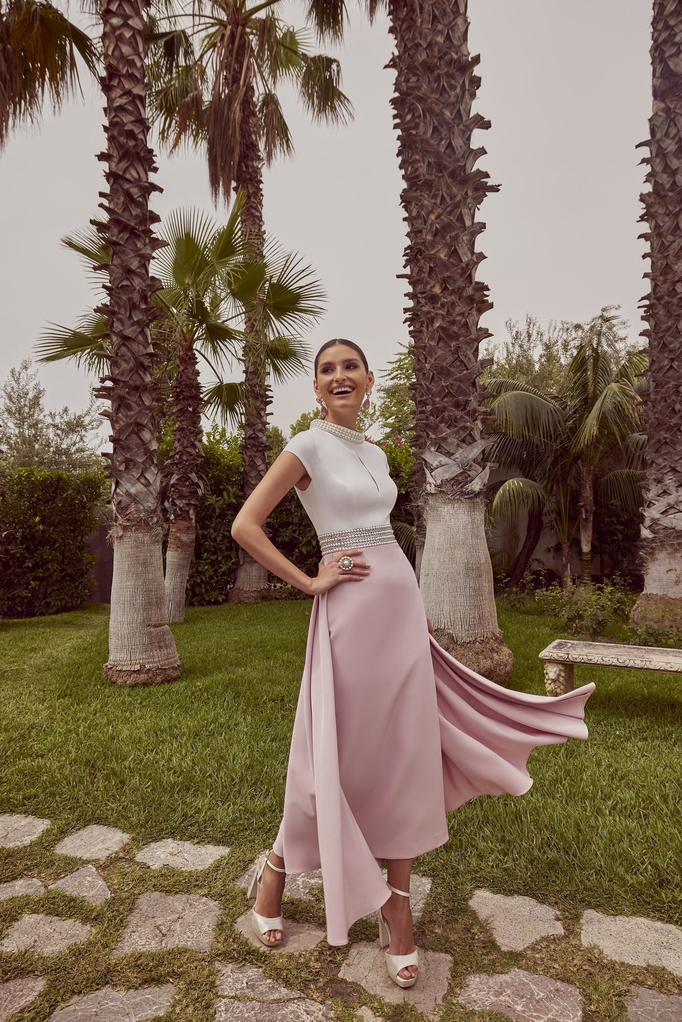 Ivory/Dusty Rose Midi -Length Dress With Beaded Neck And Waistline