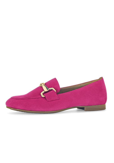 Fuchsia Suede Loafer with Gold Buckle