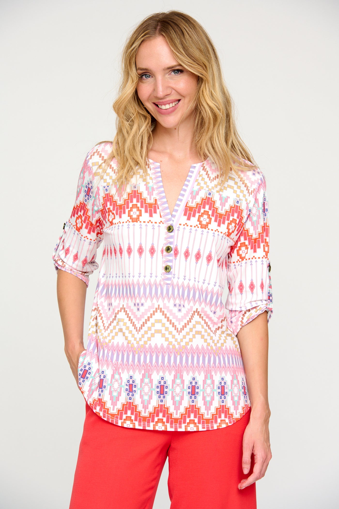 Multicoloured Abstract Print Top With Button Detailing