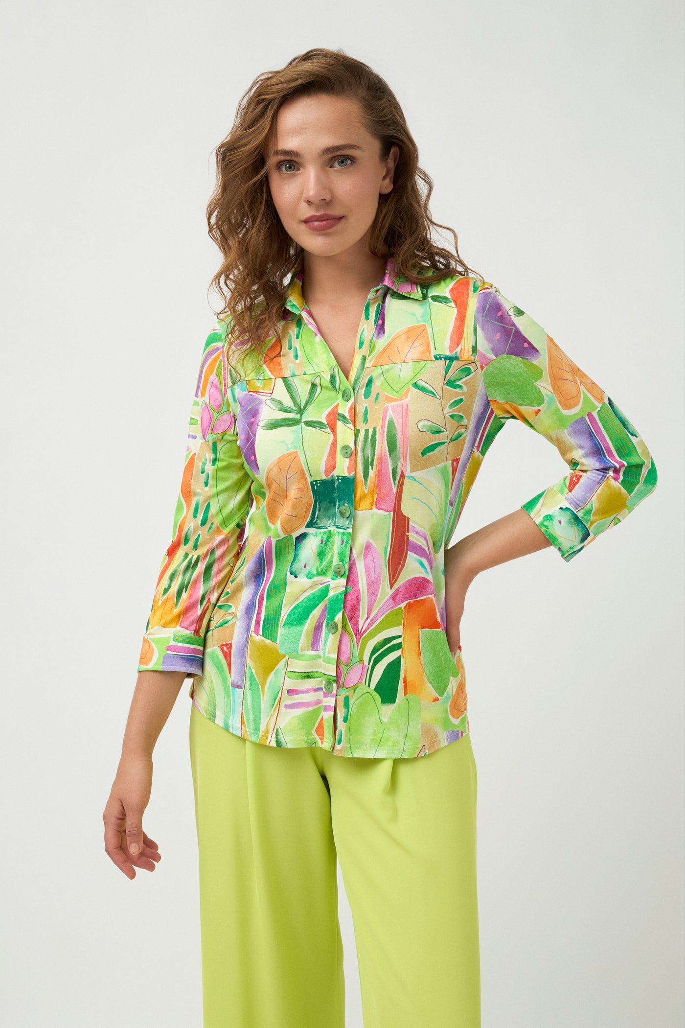 Lime Multicolour Leaf Print Shirt with 3/4 Sleeves