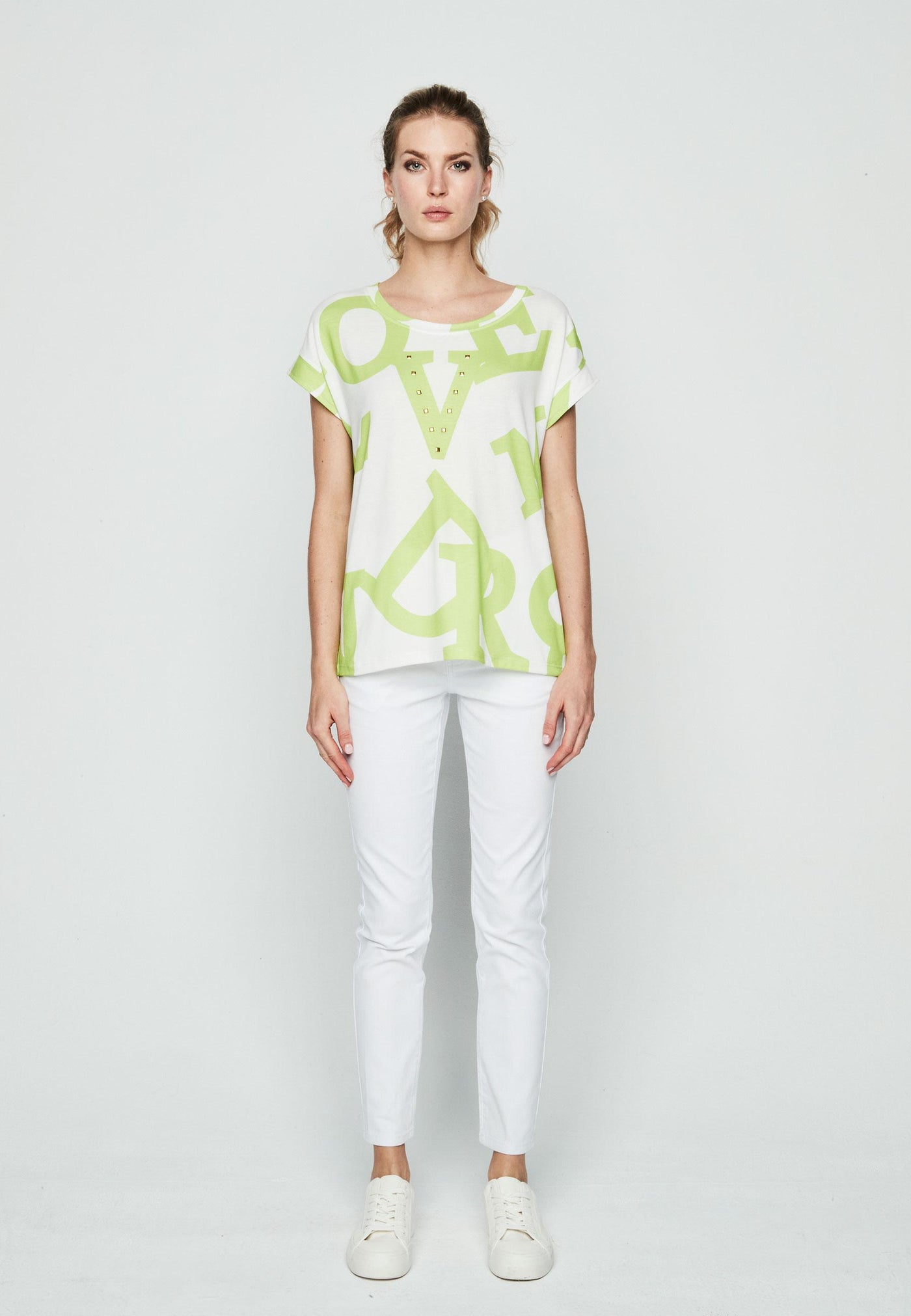 Lime And White Letter T-shirt with Gold Studs