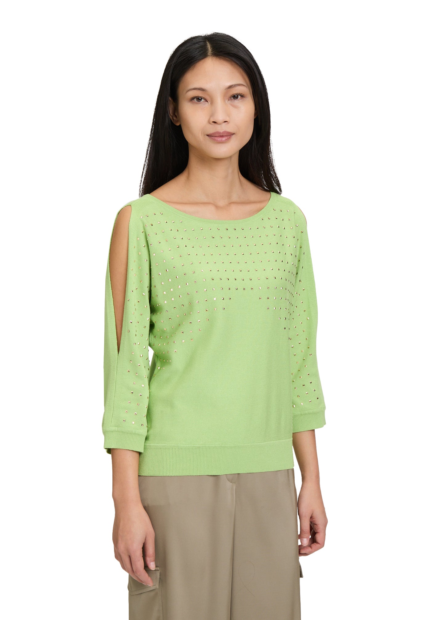 Green Jumper with Gold Embelishment and Cold Shoulder Effect