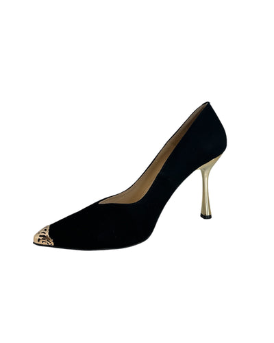 Black Suede High Heel Shoe with Gold Heel & Toe Detail