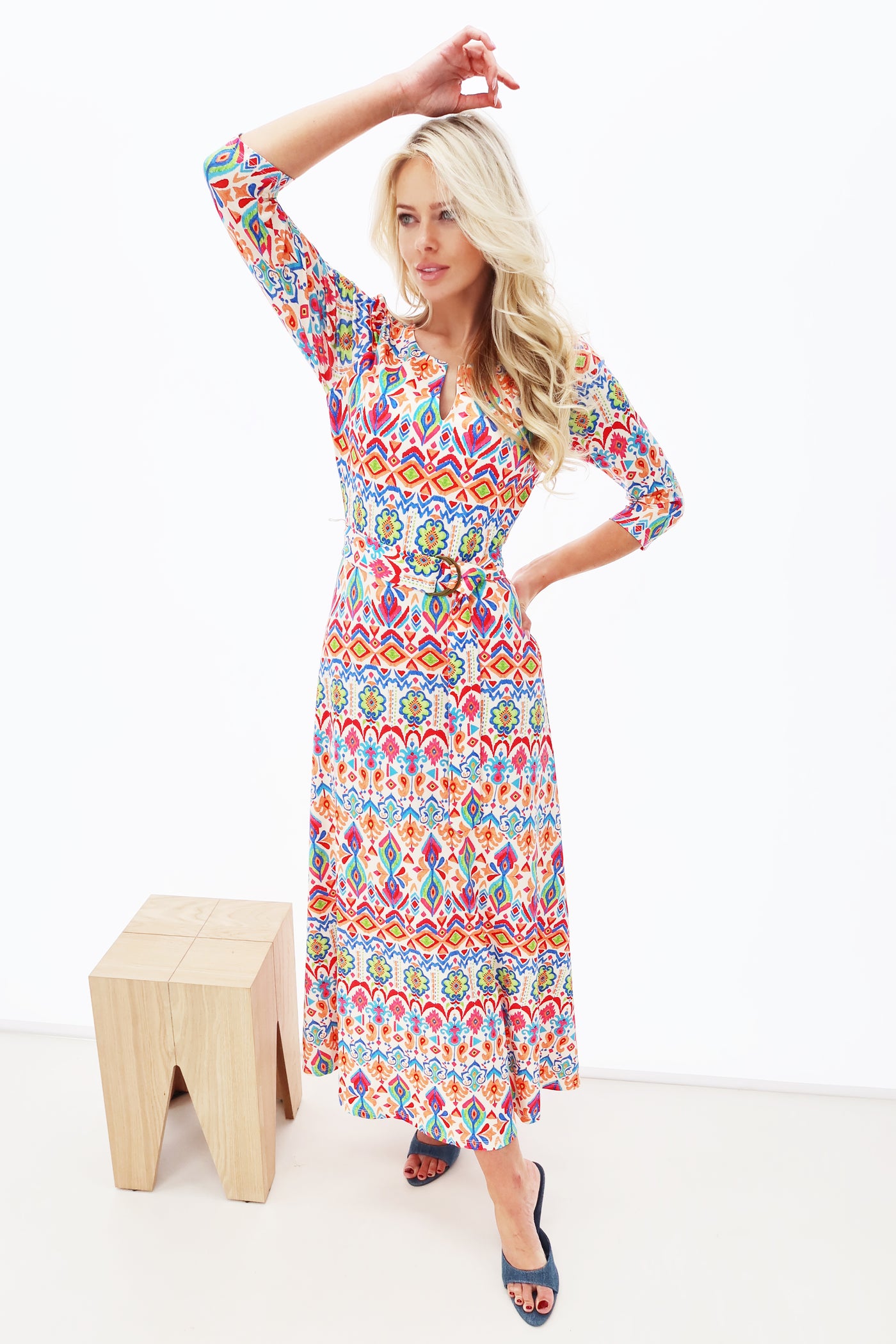 Retro Print Maxi Dress With Belt