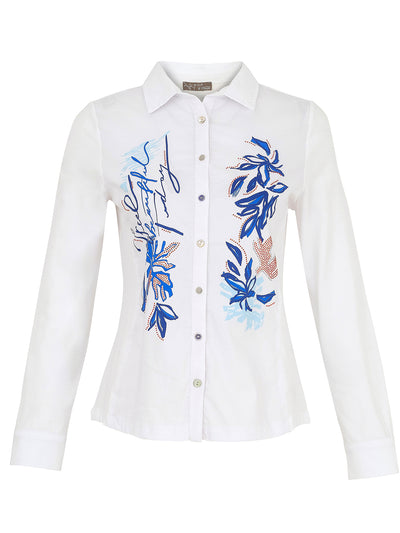 White Shirt with Mix Match Buttons and Abstract print with Diamontes