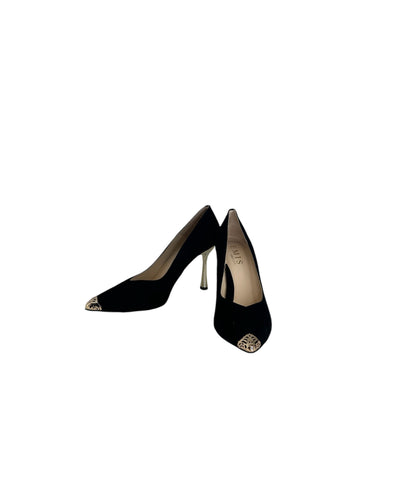 Black Suede High Heel Shoe with Gold Heel & Toe Detail