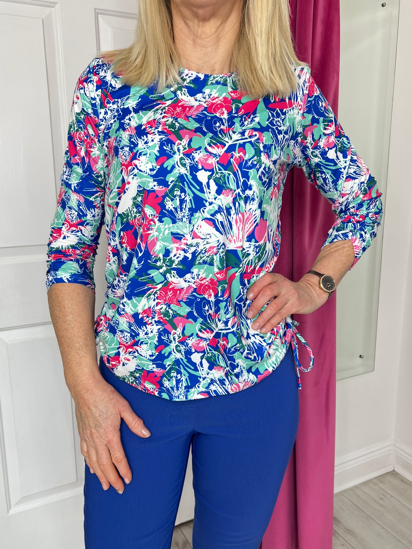 Blue, Pink & Green Top with Side Ruching Detail