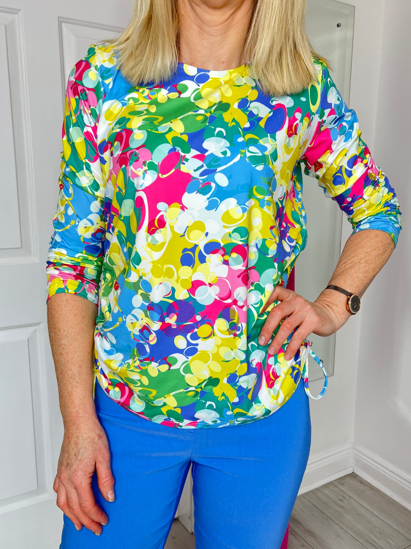 Multicoloured Top with 3/4 Sleeve and Side Ruching Detail